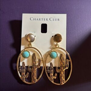 Charter Club Gold Tone Cactus Drop Earrings with Faux Turquoise - NWT